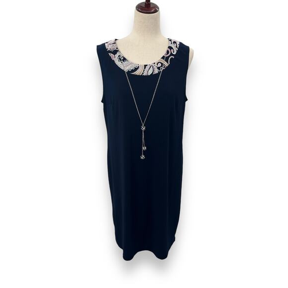 NEW R&M Richards Stretchy Shift Dress Size 16 Navy Blue Attached Necklace NEW - Picture 3 of 12